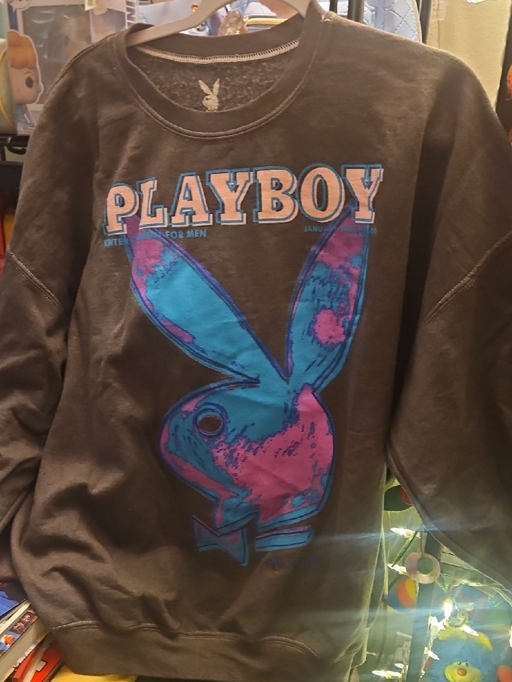 PLAYBOY Black Pullover with Blue & Pink Bunny Graphic